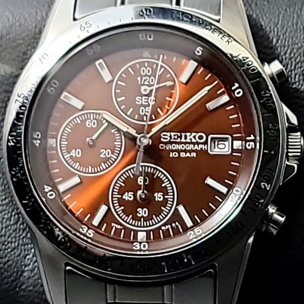 Seiko JDM Brown Sunburst Chronograph Stainless Steel Quartz Watch – New Battery